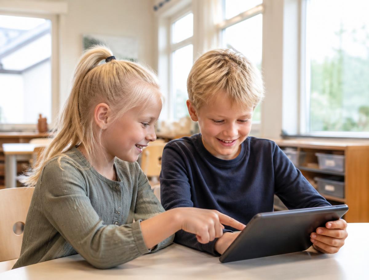 Two early-years pupils working together on a tablet in a bright classroom